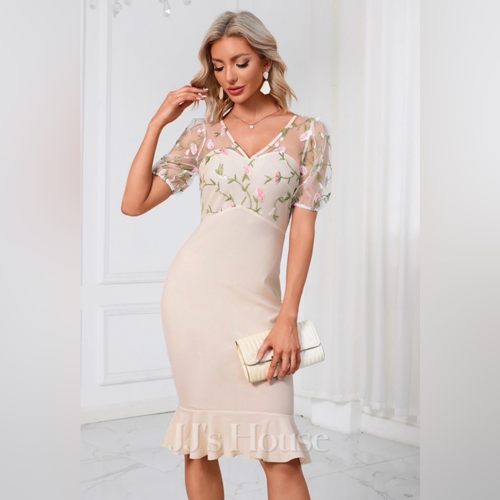 NWT JJ’s House Embroidered V-Neck Elegant Sheath/Column Cream Midi Dress - L